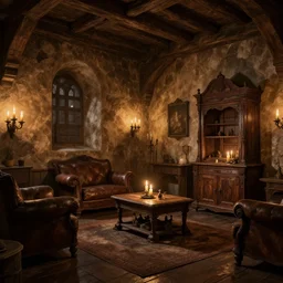 ultra realistic old medivial interior with candle lights and old wooden furnitures, concept art, octane render, trending on artstation, 4k