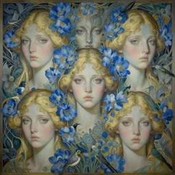 breathtaking detailed concept art painting art deco pattern of blonde faces goddesses amalmation light - blue flowers with anxious piercing eyes and blend of flowers and birds, by hsiao - ron cheng and john james audubon, bizarre compositions, exquisite detail, extremely moody lighting, 8 k