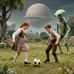 sharp, highly detailed, 435456k film, 1612800mm film still from a sci fi blockbuster color movie made in 2019, set in 1860, of a girl and a boy playing soccer with an humanoid alien, in a park on an alien planet, wearing 1860s era clothes, good lighting, good photography, ultra high definition, in focus, 35mm macro lens