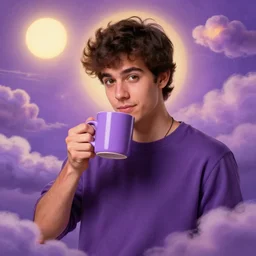 portrait of a ( ( ( una taza de cafe grande y morada ) ) ), ( ( guapo joven caliente espanol cachondo ) ), nubes y magia, el sol, concept character, by greg rutowski and tezuka and oi and mucha and bierstadt and remington, trending on artstation