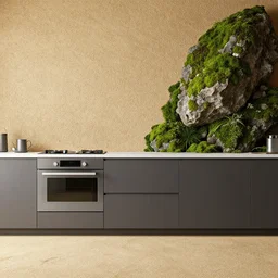 kitchen, contrast to moss and rock, octane render, trending on artstation, very rough sand on wall, flooring made of hard sand