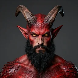 d & d portrait of a tiefling, male, red scales, a big black beard, completely golden eyes, 2 long curved horns growing out of his forehead,