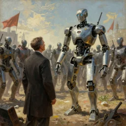 very detailed painting humanoid robot army propaganda dictator convincing other robots of overthrowing humans