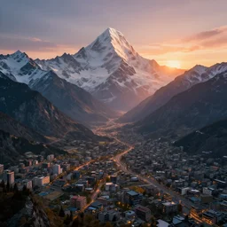 beautiful sunset over detailed cyberpunk suburb in a valley surrounded by epic mountains with snowtops, sharp, highly detailed, hyperrealistic, 4 k, - i