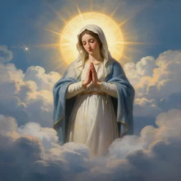 painting of a virgin mary portrait in the shape of clouds at sunet
