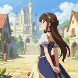 anime visual, portrait of a young woman in a ornate dress outside in the medieval city square looking at the fantasy palace in the distance, cute face by ilya kuvshinov, alphonse mucha, dynamic pose, dynamic perspective, rounded eyes, moody, psycho pass, kyoani, gustav klimt yoh yoshinarim, cel shade