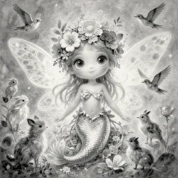 magical illustration of ethereal fantasy creature, beautiful fairie, mermaid, female portrait with flowers, whimsical big - eyed character accompanied by animals and birds, light greyscale, jean dubuffet