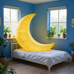 a yellow moon shaped bed in a blue room, with plants in the windows of the room