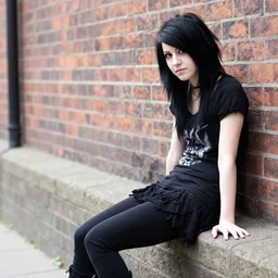 a photograph of an emo goth girl sitting on a brick wall on a hot day, 2006, black hair, English, depth of field