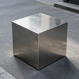 big metal reflective perfect cube in the middle of the street