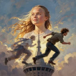 photo of greta thunberg being chased by man with short brown curly hair at the top of a very tall tower