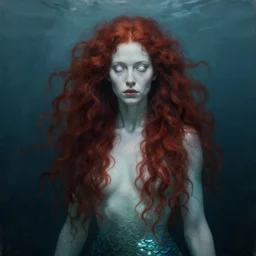 a portrait of woman with long dark curly red hair under the water, stoic, pale skin, scales, mermaid, alone, white eyes, dramatic, epic painting, painting by wlop and nixeu, semirealism, artstation, octane render, sharpness, 8 k, golden ratio