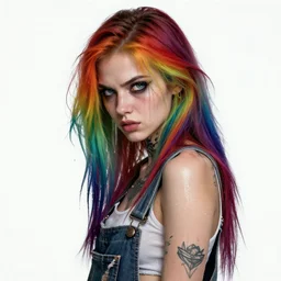 attractive grungy woman with rainbow hair, drunk, angry, soft eyes and narrow chin, dainty figure, long hair straight down, torn overalls, basic white background, side boob, tattooed, piercing, wet shirt, wet, raining, highly detailed face, realistic face, beautiful detailed eyes, fantasy art, in the style of greg rutkowski, illustration, epic, fantasy, intricate, hyper detailed, artstation, concept art, smooth, sharp focus, ray tracing, vibrant,