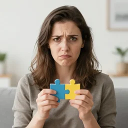 “a woman holding a puzzle toy with a confused expression, photorealistic. ”