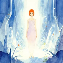 technopriestess in a futuristic ice garden. watercolor by moebius, clamp and arina tanemura, backlighting, vibrant palette, minimalism.