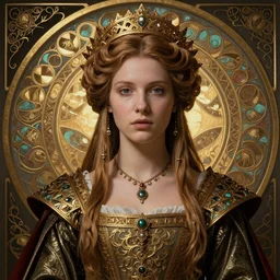 beautiful young medieval queen by magali villeneuve, iris van herpen, jean delville, james jean, art nouveau, visionary, symbolist, detailed face portrait octane render, ornate garments, beautifully lit