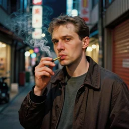 portrait of man smoking in colorful tokyo alley at night in the style of soviet realism