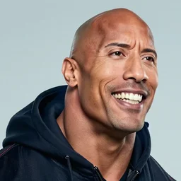 a photograph of Dwayne Johnson with an inhumanly wide smile, looking in two directions