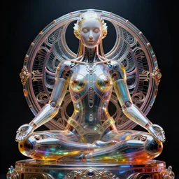 vibrant ultra clear sculpture of beautiful cyborg meditation position monumental, by sandra chevrier l, cybernetics, low contrast, cinematic dramatic lighting, hyper realistic detailed intricate render, hypermaximalist, ornate, epic composition, 4 k 8 k, cryengine octane blender, sharp focus, concept art, masterpiece, cgsociety artstation