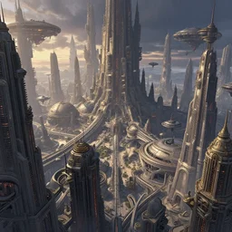 alien supercity, illustration style of Alena Aenami, dense hypermaximalist metropolis, intricate, gothic-futurist architecture, Star Wars architecture, bizarre and imposing unusual megastructures, vanishing point perspective, domes, drone speedways, twilight