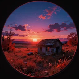 abandoned by noah bradley, fisheye landscape studio ghibli dramatic lighting infrared nightsky sunset magic realism sunlight neon noir anime vaporwave, archdaily, wallpaper, highly detailed, trending on artstation.