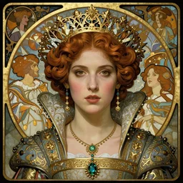 face centered portrait of a beautiful young medieval queen by james jean, jean delville, iris van herpen, raymond swanland and alphonse mucha, highly detailed, hyper - real, art nouveau, ornate gothic icon with heavy patina