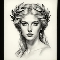 realism tattoo sketch of beautiful aphrodite greek goddess wearing a laurel wreath and arrowhead earrings, beautiful piercing eyes with small pupils, sexy look, beautiful blonde hair, in the style of matteo pasqualin, amazing detail, fantasy, elegant, smooth, sharp