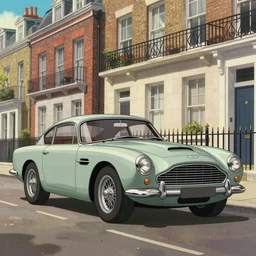 a wholesome animation key shot of one short - wheelbase aston martin db 5, in a rich london mews residential street, waist height, medium range, studio ghibli, ( pixar ) and disney animation, sharp, very detailed, unreal engine 5 render, bloom, high resolution, anime key art by greg rutkowski