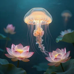 lotus flowers swimming underwater like a jellyfish, photographic, cinematic, photorealistic, volumetric lighting, detailed, smooth, artstation, octane render, wolp