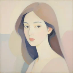 A abstract portrait painting in the style of Tatsuro Kiuchi, beautiful woman, flat colour-block style, soft organic abstraction, modern pastel colours