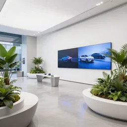 hyperdetailed brutalist samsung store, polished concrete, white walls, digital screens, curved furniture, lush plants.