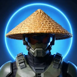 blue halo master chief wearing a conical straw rice hat