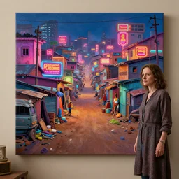 stylish caricature art of a empty neon lit ajegunle slum in nigeria, photographed by vivian maier, unreal engine 3 d vfx render, digital illustration by mike winkelmann & tadanori yokoo, intricate detail, volumetric light, ray tracing, soft light, colourful, claymation, acrylic on canvas, cinestill, rule of thirds,