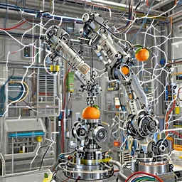 tangerine robot attached by a heavy, mechanical, industrial penumatic arm, clean room, scifi, lots of wires, electricity crackling, award winning digital art, octane render