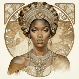 black african princess, symmetric, highly detailed, concept art, intricate, sharp focus, illustration, hans thoma, rutkowski, artgerm, alphonse mucha