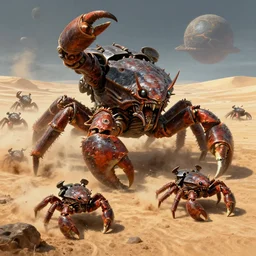 a herd of giant crabs running abound on barren desert exoplanet by James Gurney, Beksinski and Alex Gray, every crab is a menacing warhammer 40k chaotic xenos, diabolic wh40k crab xenos scourge running abound