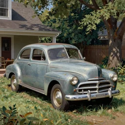 A Norman Rockwell paining of a thrashy front yard that has an old broken down car in it, detailed