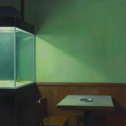 an aquarium wall next to your table in an asian restaurant by, tim hildebrandt, fpv by wayne barlowe, bruce pennington, trending on artstation, cinematic composition, simple detail. greenish lighting,, 8 k, oil on canvas