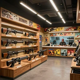 Inside an sifi weaponshop, large guns on shelves, beautiful labels, fantastic vendor interior, wide angle, retro futuristic comics, cinematic, highly detailed, photorealistic, rich bright colors, trending on artstation, trending on cgsociety