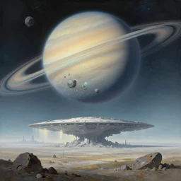 a gorgeous bleak and desolate sci - fi painting by john harris, sparth and greg rutkowski. meteorite falling!! tiffany blue, grey orange, white and golden. epic huge space base, beyond the horizon, future city skyline!! light effect. huge saturn. ultra clear detailed!! 3 d, octane render. 8 k