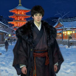 ancient japan, winter, attractive male, neon light, painting by gaston bussiere, craig mullins, j. c. leyendecker