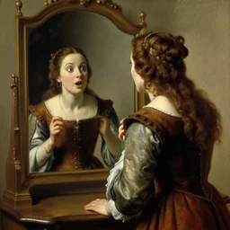 painting by william adolphe bouguereau of pam beesly in medieval clothes looking at her reflection in the mirror , surprised expression