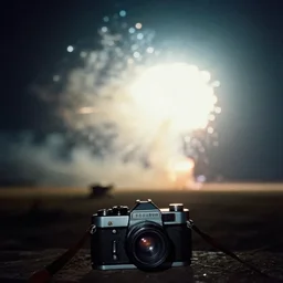 a very bright flash in the sky, a large explosion in the distance, taken on a ww 2 camera, very high bloom ammount, realistic, the photograph is very dirty.