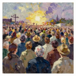 a large group of people in kansas watches the biblical end of the world, in the style of minerva teichert, oil on canvas, impasto, visible brushstrokes, watercolor, 8 k scan
