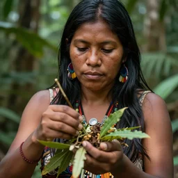 a close up portrait of a beautiful indigenous preparing plants medicines in the jungle, highly detailed, art by christophe vacher