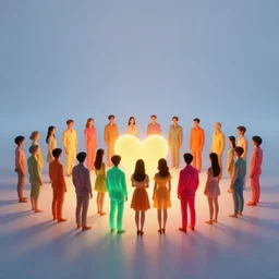 love, groups of people in glowing thermal colors, from behind, rebirth, wide angle, cinematic atmosphere, elaborate, highly detailed, thermal heat colors, dramatic lighting