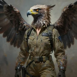 epic professional digital art of female human - eagle hybrid animal wearing air force jumpsuit, humanoid feathered head, eagle beak, painting, by lisa roet, artgerm, iris van herpen, leesha hannigan, artstation, cgsocietywlop, epic, much wow, much detail, gorgeous, detailed, cinematic, masterpiece