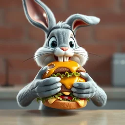 ultra realistic bugs bunny eating a chicken burger, 8 k, detailed, animated, octan