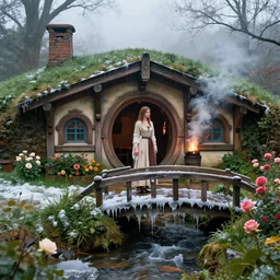 woman in medieval hobbit house, ornate, beautiful, atmosphere, vibe, mist, smoke, fire, chimney, rain, wet, pristine, puddles, melting, dripping, snow, creek, lush, ice, bridge, forest, roses, flowers, by stanley artgerm lau, greg rutkowski, thomas kindkade, alphonse mucha, loish, norman rockwell