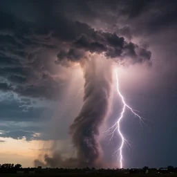 a photograph of a tornado tornado tornado, thunderstorm supercell, lightning bolts, illuminated from various angles by setting sun light, cinematic, dramatic lighting, clouds mystic hue